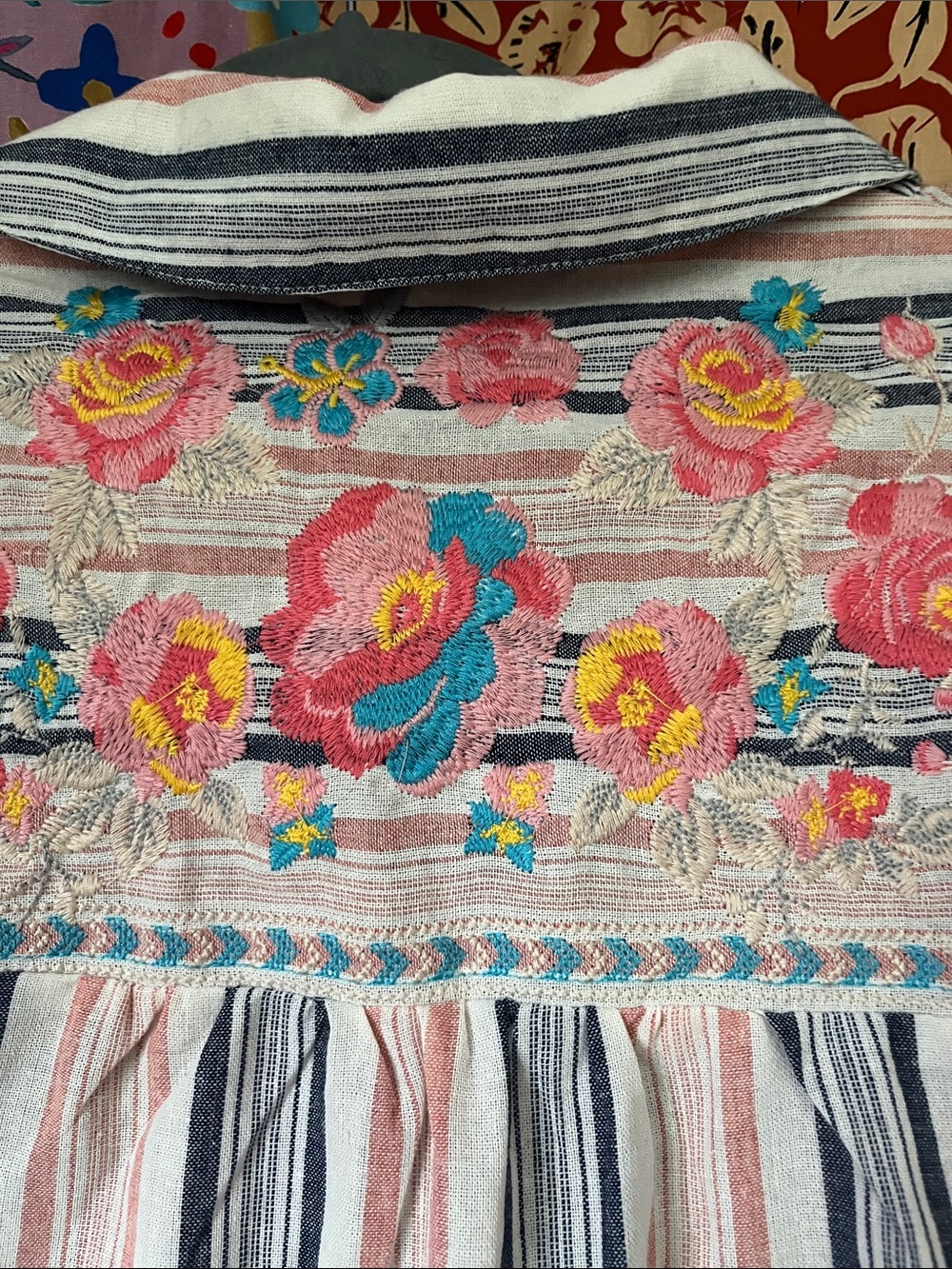 ANDREE BY UNIT Boho Pink/Navy Striped Embroidered Cotton Tie FrontTunic Size S - Picture 10 of 13